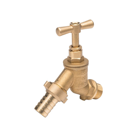 A Sparex Outdoor Tap - 1/2'' (Part No. S.153799) featuring a DZR brass build, T-shaped handle, and a downward-angled threaded spout.