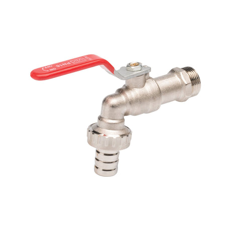 A Sparex Bib Tap 1/2'' metal ball valve, identified by part number S.153801 and featuring a red lever handle for flow control through pipes, is displayed against a white background.