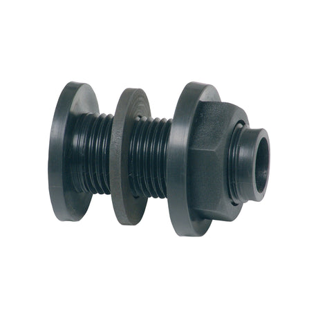 The Sparex Tank Connector 1/2'' BSP (Part No. S.153818) is a black cylindrical threaded component featuring a hexagonal bolt head and washers, ideal for 1/2'' BSP applications.