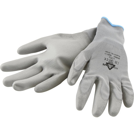 The Gnitter Grey Gloves (11/XXL - S.153956) from Sparex, featuring elastic cuffs and a polyurethane coating for improved dexterity, are showcased against a white background.