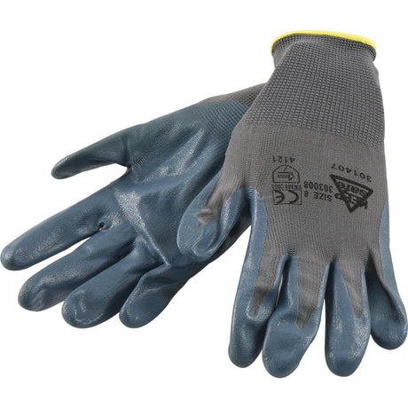 Introducing the Sparex Nitrile Foam Palm Glove - 8/M - S.153959: a pair of grey and blue work gloves featuring nitrile-coated fingers and palms for enhanced dexterity, with text and symbols printed on the back.