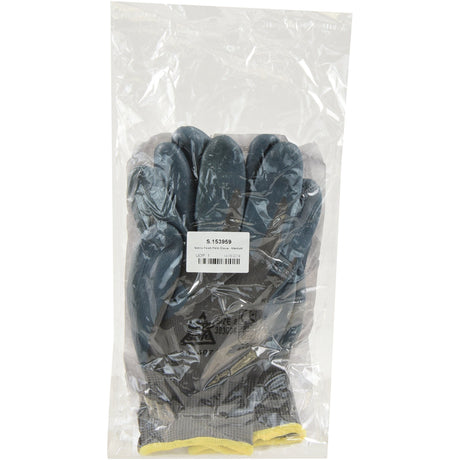 A pair of Sparex Nitrile Foam Palm Gloves - 8/M (S.153959), featuring a blue and gray design with nitrile coating for enhanced dexterity, neatly packaged in a clear plastic bag with a barcode label attached.