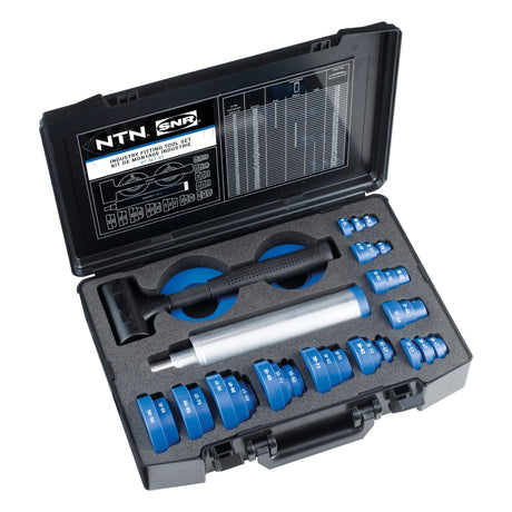 The Sparex NTN SNR IFT SET 33 Bearing Mounting Kit - S.153978 comes in a black carrying case and includes blue and silver automotive tools such as a hammer, multiple socket attachments, and suitable sockets, all neatly organized in foam compartments.