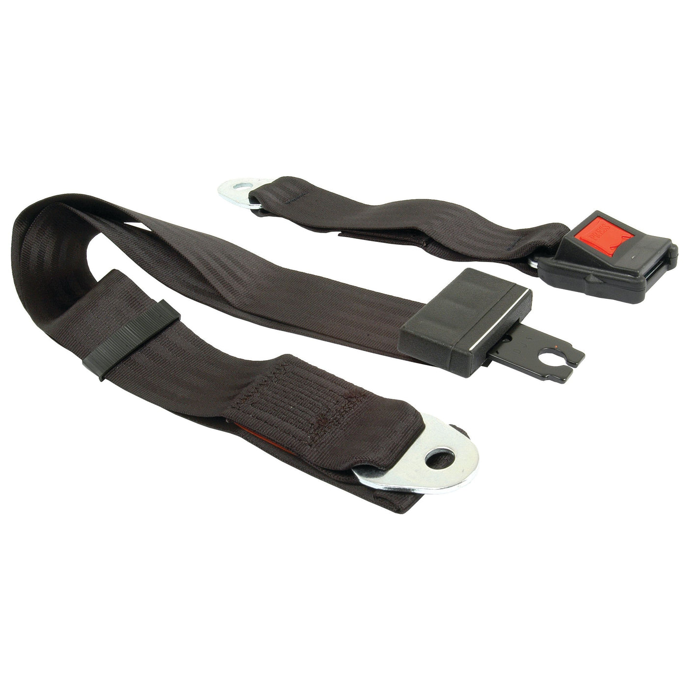 A black lap belt with metal attachments and a red release button, displayed unbuckled and laid flat, resembling the components of the Sparex Seat Belt Kit (Sparex Part No.S.1540) designed for Massey Ferguson.