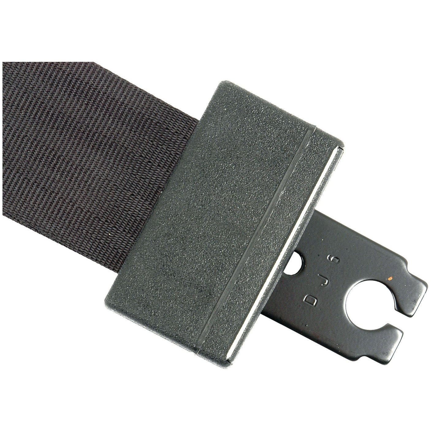 Close-up of a black lap belt buckle and latch plate from the Seat Belt Kit | Sparex Part No. S.1540 by Sparex. The latch plate features a metal hook and a hole for securing into the buckle, with naturally sturdy and durable seatbelt fabric.
