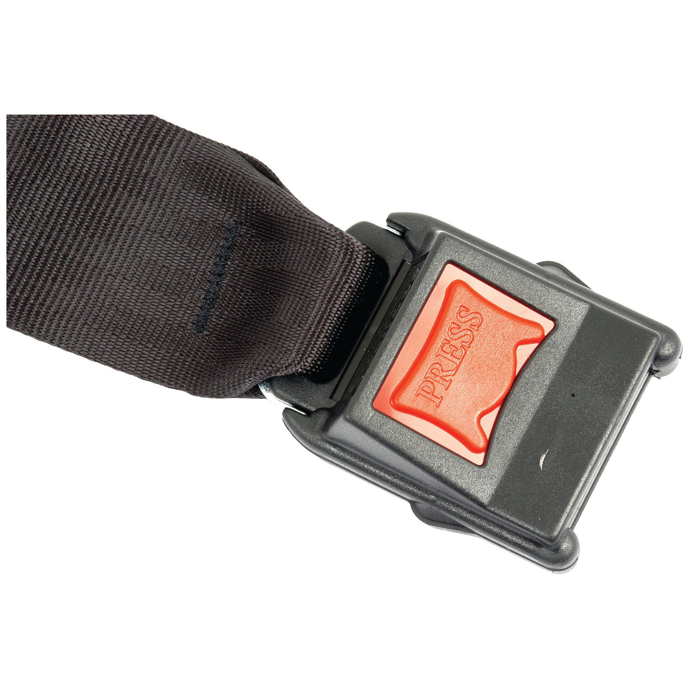 A close-up of a seat belt buckle from the Sparex Seat Belt Kit, Part No. S.1540, featuring a red button labeled "PRESS". The buckle secures a black lap belt.