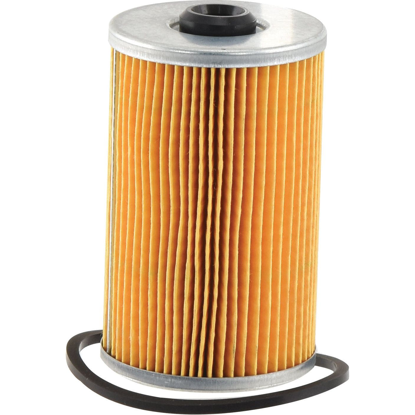 A cylindrical, pleated orange Sparex Fuel Filter - Element (Sparex Part No. S.154171) with metal end caps and an accompanying rubber gasket, featuring Enhanced Cellulose for superior performance, set against a white background.