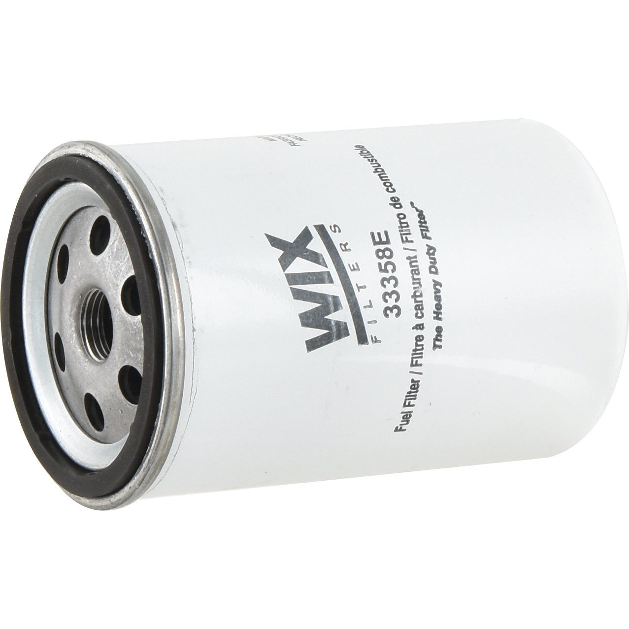 A close-up of a Sparex Fuel Filter - Spin On (Sparex Part No.S.154184), a white cylindrical fuel filter with black text and a metallic base, commonly used in Case IH machinery.