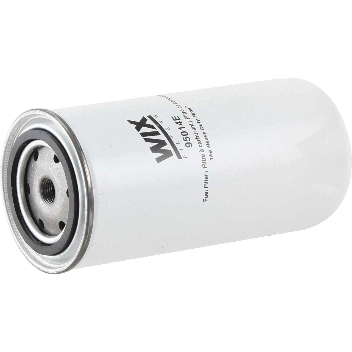 A white Sparex S.154199 Spin-On fuel filter with text and logo on its side, featuring a cylindrical shape with a metal top that has a threaded central hole and multiple smaller holes surrounding it.