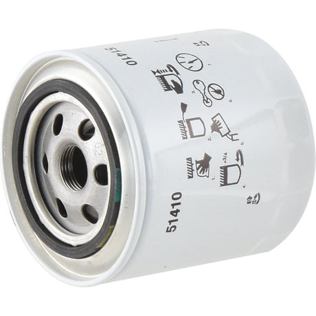 A white metal cylindrical hydraulic filter, inscribed with instructions and the number 51410 on its exterior surface, featuring Sparex's Enhanced Cellulose technology for superior performance.