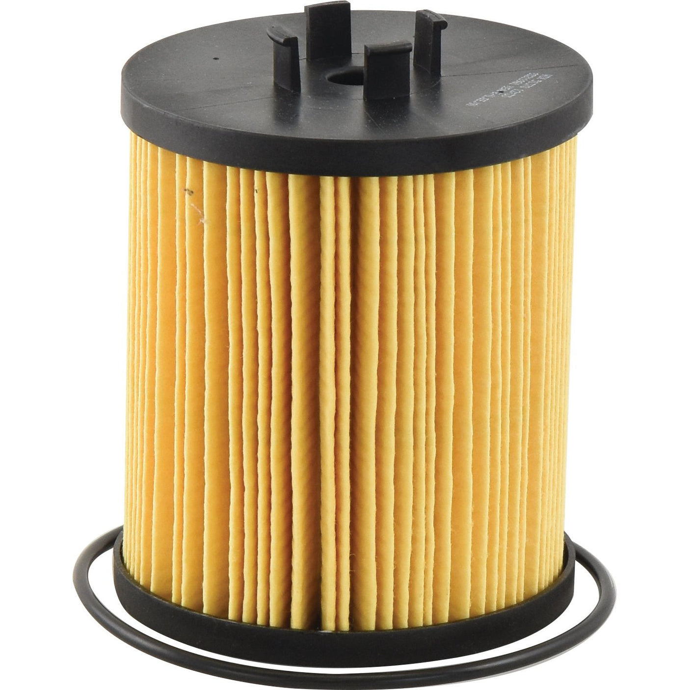 A cylindrical pleated oil filter element with a black top and bottom, similar to those used in Sparex Oil Filter - Element | Sparex Part No. S.154266, accompanied by a circular rubber gasket at its base.