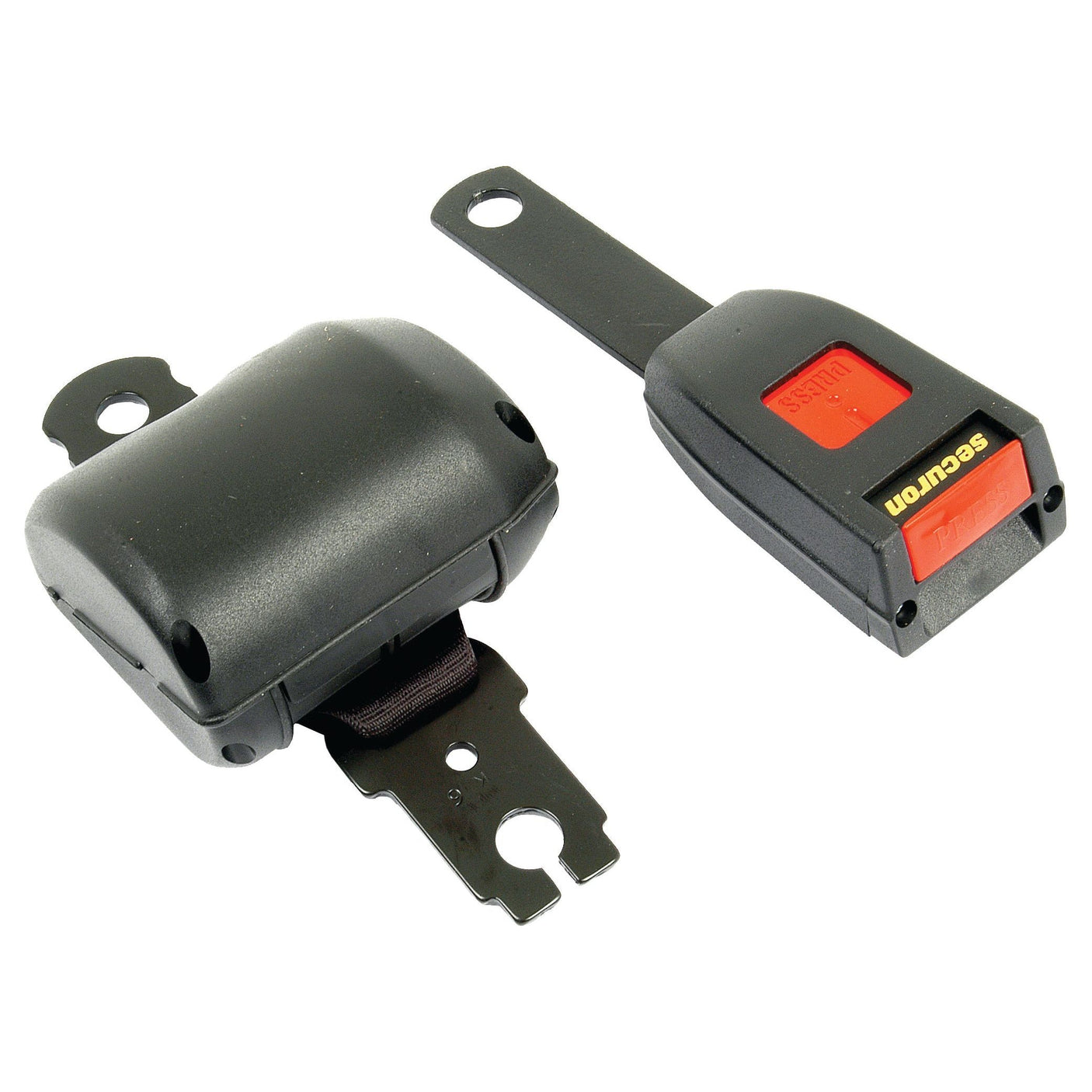 Introducing the Seat Belt Kit (Sparex Part No. S.1542) by Sparex, a black and red security buckle mechanism with latch and receiver components, featuring Sparex's advanced Automatic Tensioning technology.