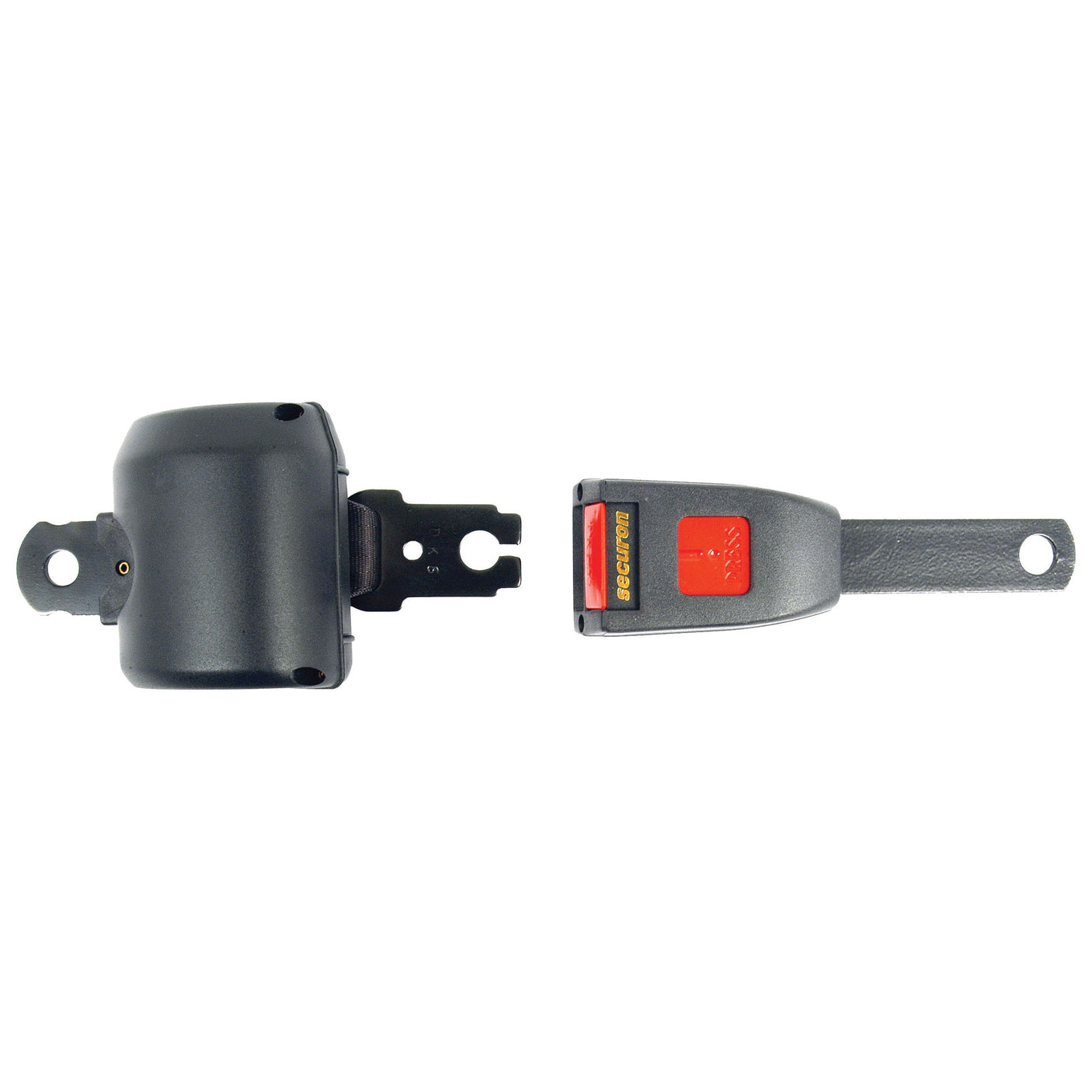 The Sparex Seat Belt Kit (Sparex Part No. S.1542) features a black lap seatbelt buckle assembly, encompassing the latch receptor with mounting hardware on the left and a metal tongue with a red "Depress" button on the right, equipped with Automatic Tensioning for enhanced safety.