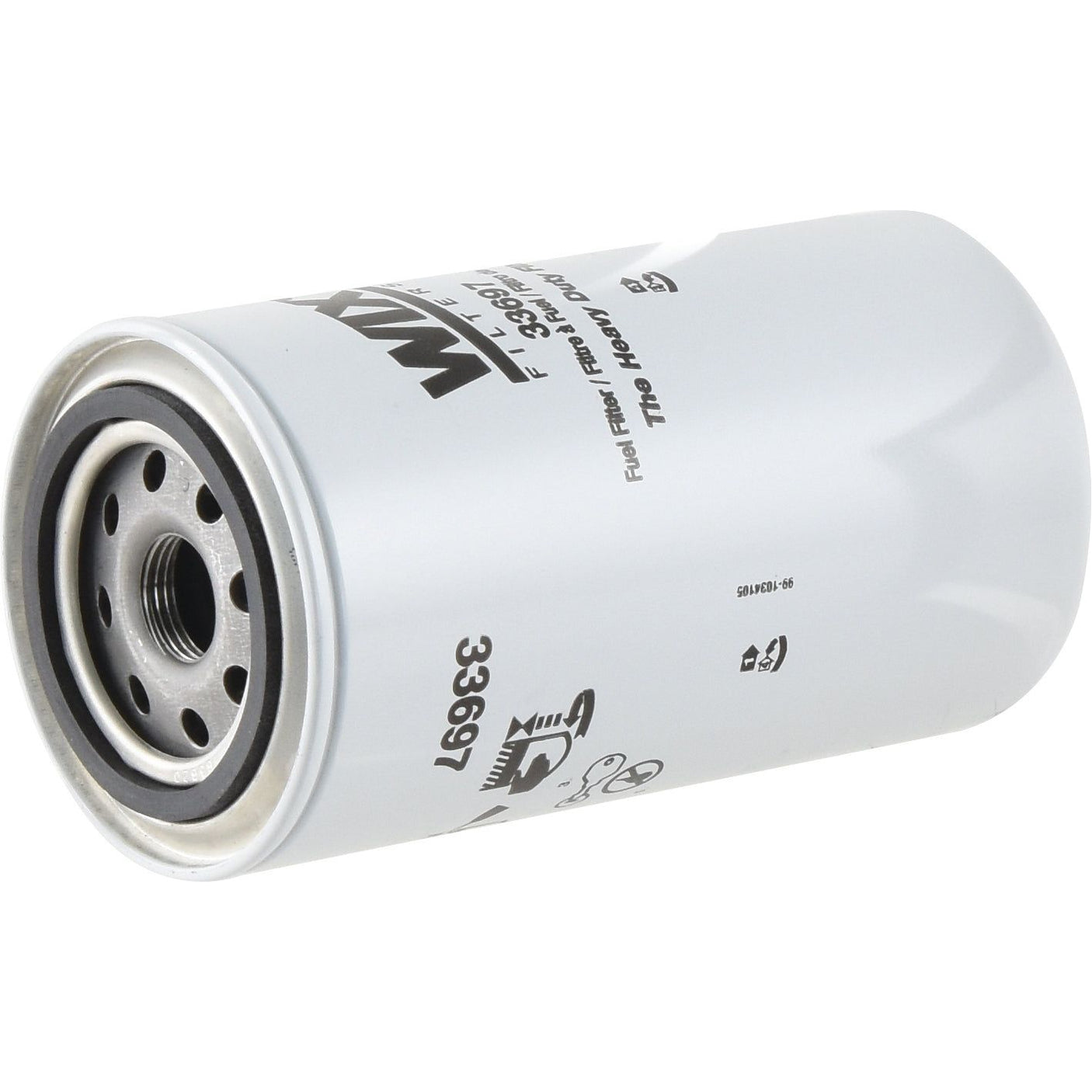 The Sparex Fuel Filter - Spin On (Part No. S.154422) features a white cylindrical exterior with metal ends and printed specifications on the side, offering reliable performance. Designed as a spin-on type, this filter ensures easy installation and efficient filtration for your engine.