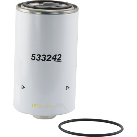 A white cylindrical fuel separator labeled "S.154434" from Sparex, with a black O-ring placed beside it, reminiscent of the reliable craftsmanship seen in Donaldson Filters.