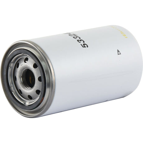 Image of a cylindrical, silver metal Sparex Fuel Separator - Spin On (Sparex Part No.S.154434) with visible perforations on the top. The filter is laid horizontally, displaying some text and symbols on its surface.