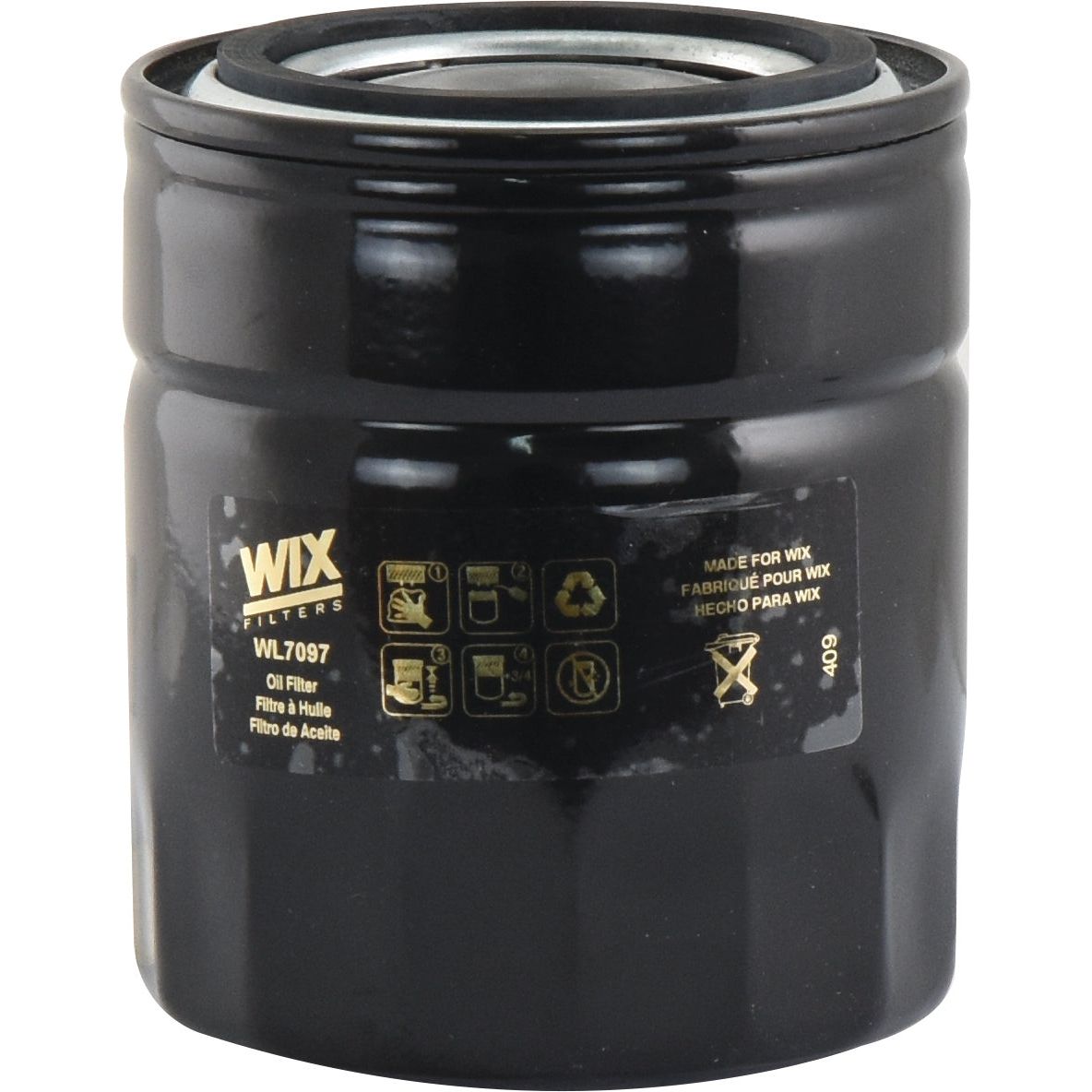 A black cylindrical Sparex oil filter, branded with "Oil Filter - Spin On | Sparex Part No.S.154439," labeled "WL7097" with gold text and symbols on its surface, featuring a thread size of UNF 3/4''-16.