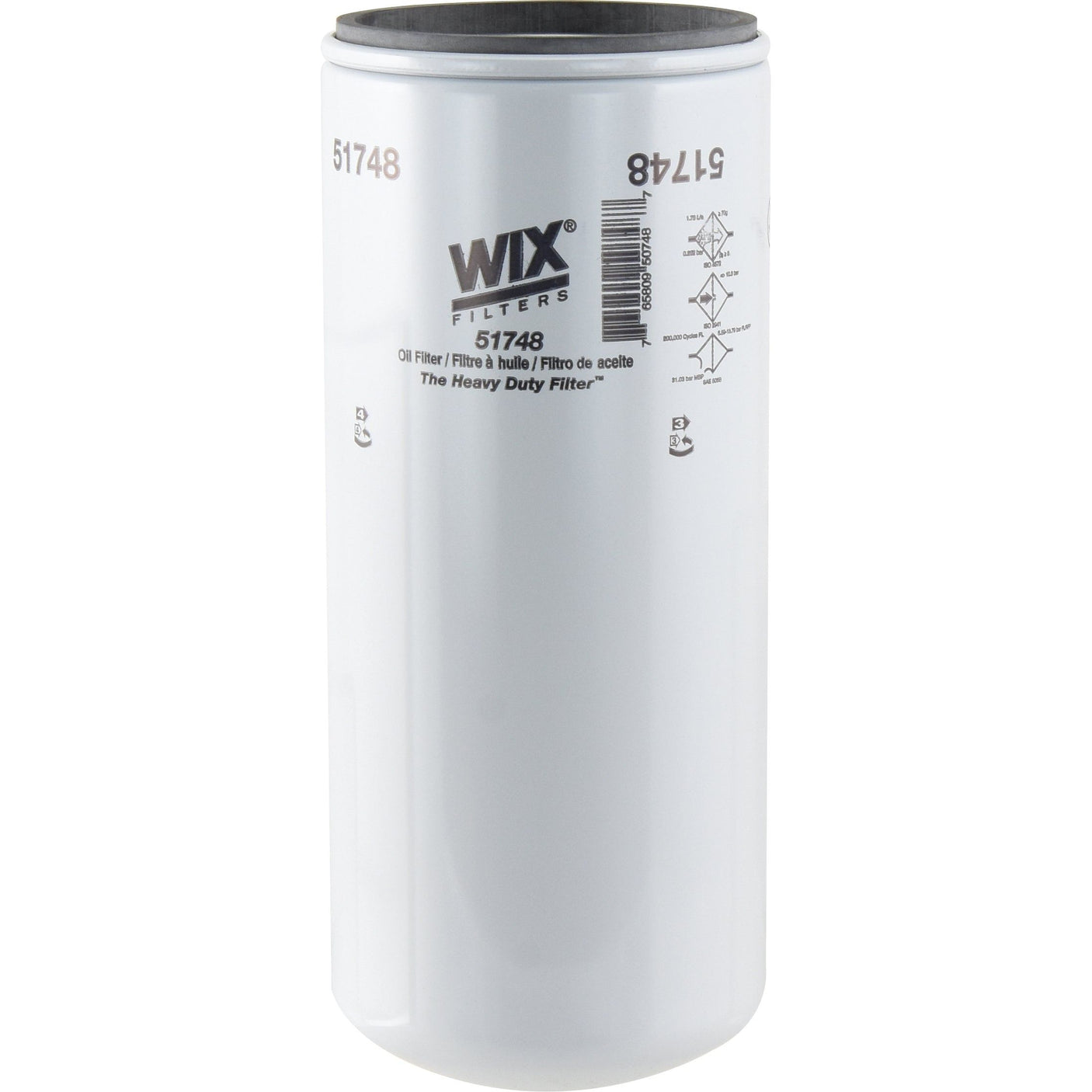 Introducing the Sparex Oil Filter - Spin On (Part No. S.154502), a cylindrical white filter featuring Enhanced Cellulose for superior filtration and a 35-micron rating, with the model number 51748 prominently displayed on its side, along with detailed product specifications and instructions.