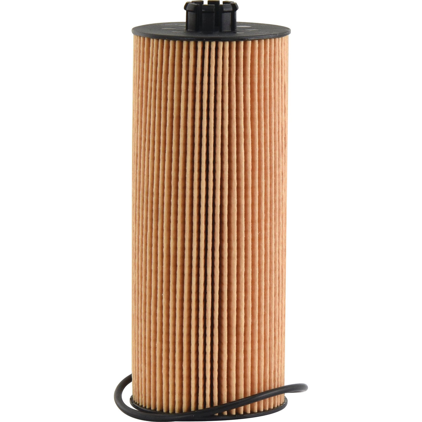 The Sparex S.154523 Oil Filter - Element features a vertical cylindrical design with pleated paper material and black plastic end caps, similar to those used in WIX filters. It also includes a black rubber seal attached at the base.