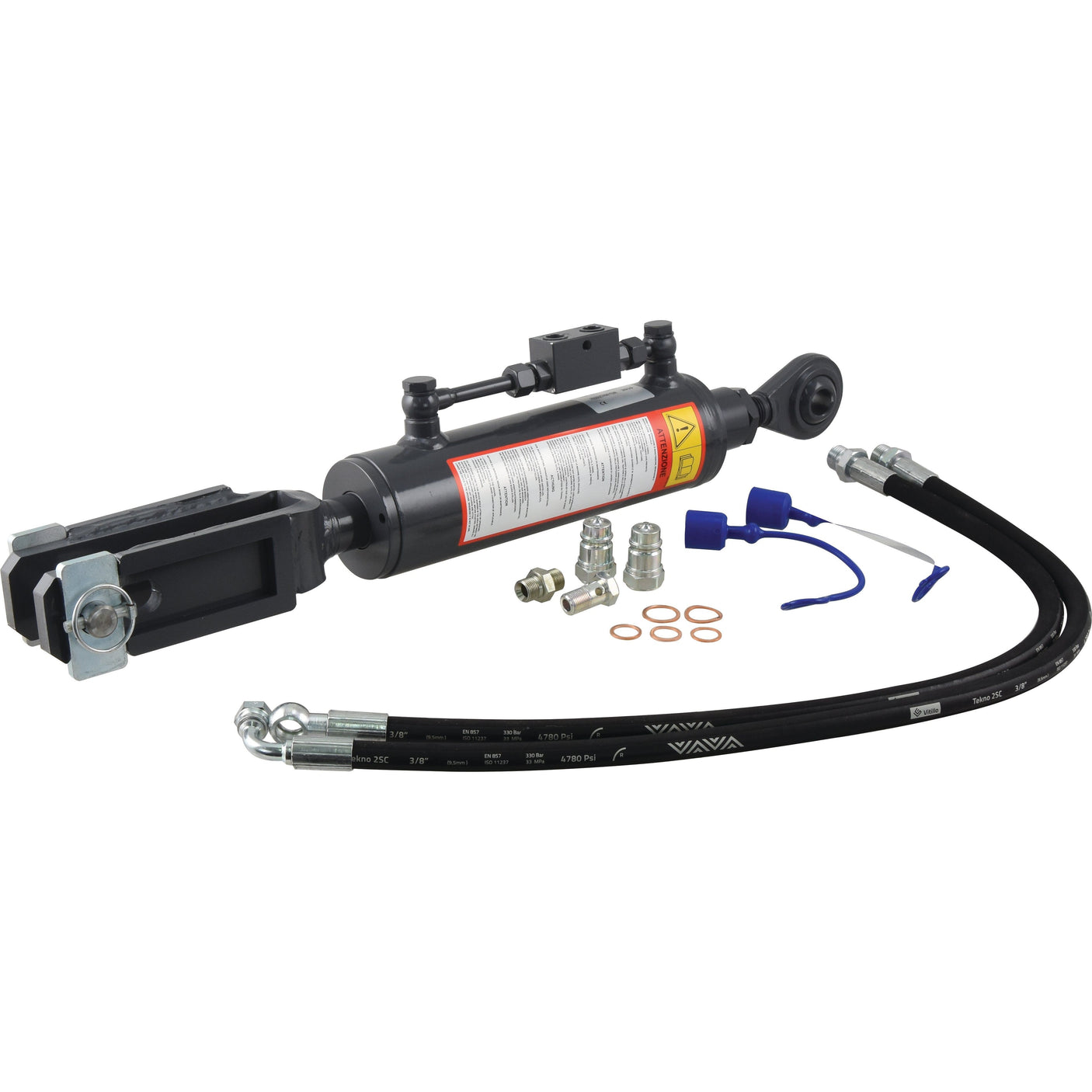 Sparex Hydraulic Levelling Box, featuring an 80mm cylinder bore, with hoses and Kubota-compatible installation accessories on a white background. Sparex Part No.S.155245.

