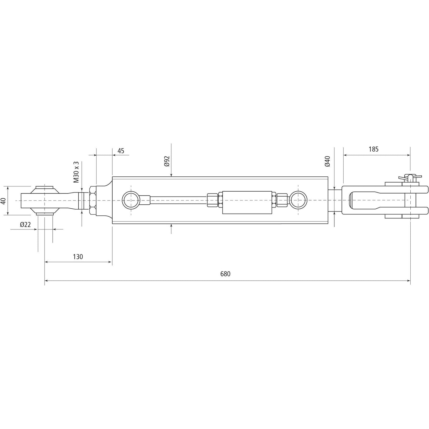 Technical drawing of a Sparex Hydraulic Levelling Box, including labeled dimensions such as the ball diameter of 22mm, fork hole dimensions of 23x50mm, and a minimum length of 680mm. The diagram ensures Kubota compatibility by featuring a cylinder bore of 80mm for precise specifications. The product is supplied with hoses for comprehensive application needs.