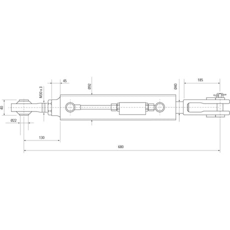 Technical drawing of a Sparex Hydraulic Levelling Box, including labeled dimensions such as the ball diameter of 22mm, fork hole dimensions of 23x50mm, and a minimum length of 680mm. The diagram ensures Kubota compatibility by featuring a cylinder bore of 80mm for precise specifications. The product is supplied with hoses for comprehensive application needs.