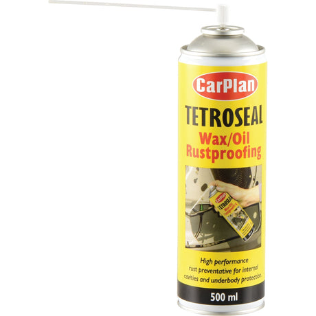 A 500 ml can of Sparex Tetroseal Aerosol Clear - S.155362 displayed against a white background. The can features a red and yellow label with product information and an attached white spray nozzle, ideal for automotive rust protection.