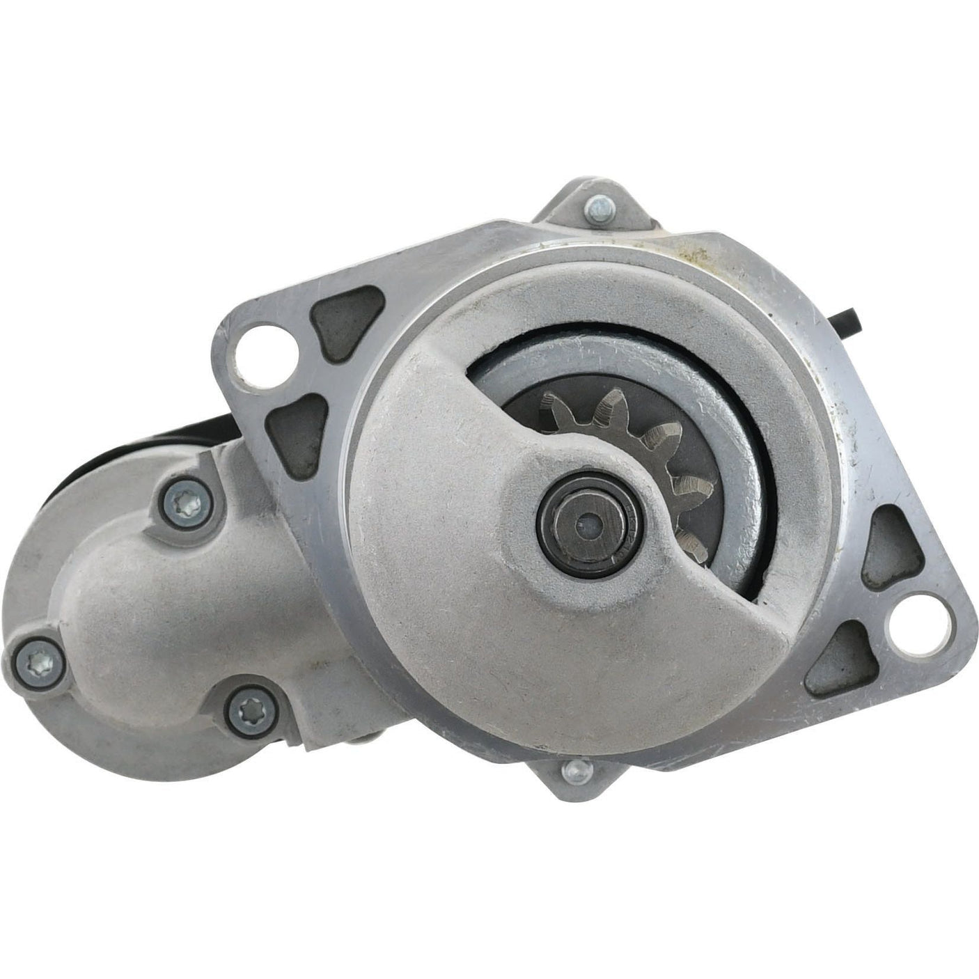 A Sparex Starter Motor - 12V, 4Kw, Gear Reducted (Mahle) featuring a circular gear and mounting holes, ideal for John Deere machinery.