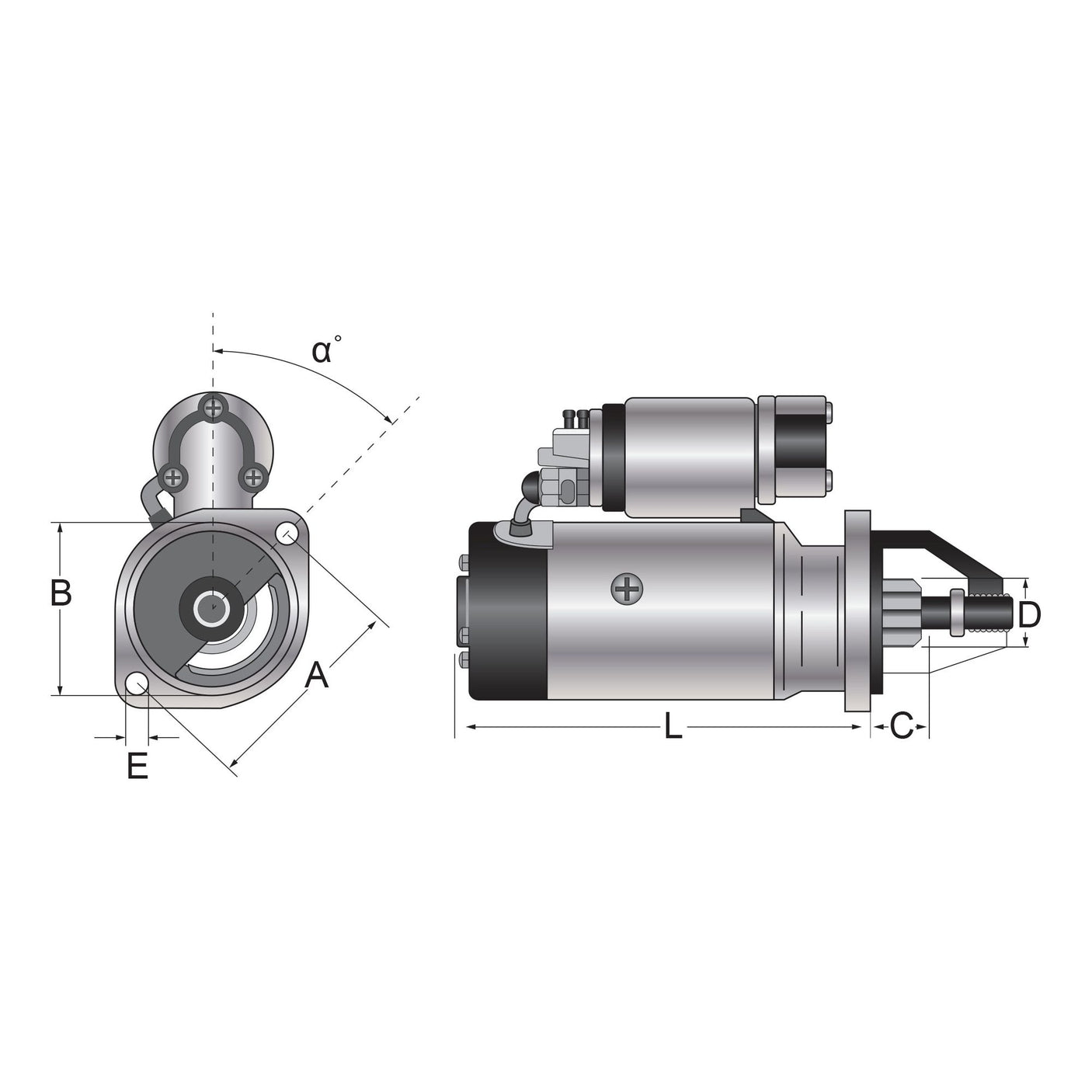 Technical drawing of a mechanical device displaying two views: front view with dimensions labeled A, B, and E, and side view with dimensions labeled L, C-I, and D. This diagram pertains to a Sparex Starter Motor - 12V, 4Kw, Gear Reducted (Mahle) | Part No.S.155381.