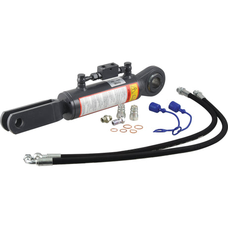 Hydraulic Levelling Box with supplied hoses, displayed on a white background, including the Sparex Check Valve for optimal performance. Product details: Ball Ø 40mm, Fork Hole Ø 28mm, Min. Length: 540mm, Cylinder Bore: 70mm. | Sparex Part No.S.155388