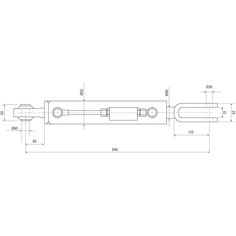 Technical drawing of a Sparex Hydraulic Levelling Box, including detailed dimensions with labeled Cylinder Bore of 70mm. The minimum length is 540 mm, with sections measuring 92 mm, 50 mm, and other specified parts. The product features a Ball Ø 40mm and Fork Hole Ø 28mm.