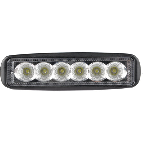 The Sparex LED Flat Work Light Bar (model S.155420) features six evenly spaced round lights within a black casing, delivering a flood beam pattern and boasting an IP67 rating for durability. This 165mm light bar produces 2500 lumens and operates on a voltage range of 10-30V.