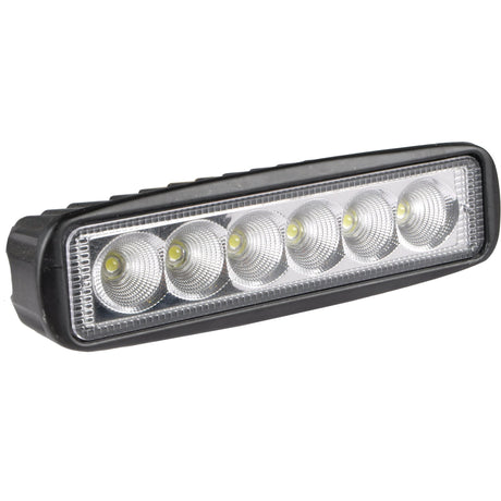 The Sparex LED Flat Work Light Bar, 165mm, 2500 Lumens Raw, 10-30V - S.155420 features a rectangular design with a black frame and six evenly spaced LED bulbs. It offers a powerful flood beam and boasts an IP67 rating for superior water and dust resistance.