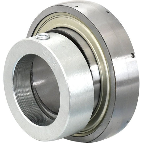 Close-up view of the Sparex NTN SNR Plummer Block Bearing Insert (ES208) - S.155515, featuring a threaded hole on the inner ring and a smooth outer casing.