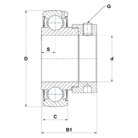 Technical drawing of the Sparex NTN SNR Plummer Block Bearing Insert (ES208) - S.155515, showing dimensions and cross-sectional view with components labeled G, D, d, C, B1, and S.