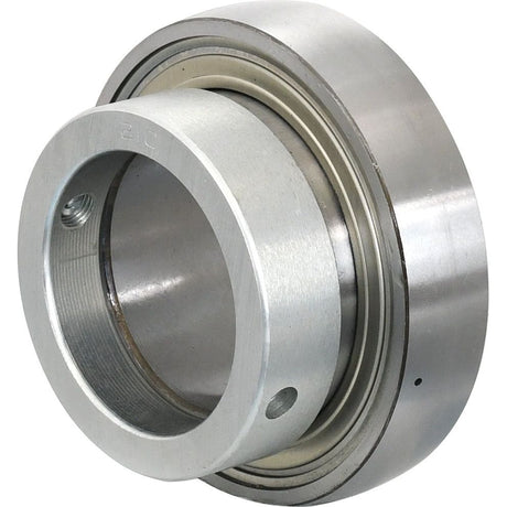 The Sparex NTN SNR Plummer Block Bearing Insert (ES210) - S.155518 is a steel radial ball bearing with a cylindrical outer race and inner race, featuring a retaining pin hole on the side. This model ensures durable performance with a locking collar bearing for secure installation.