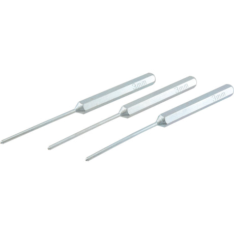 Three silver pin punches from the Sparex Pin Punch Set 3mm (pack of 3) - S.155524, each engraved with "3 mm" and featuring a 6-sided handle grip, are arranged parallel to each other.