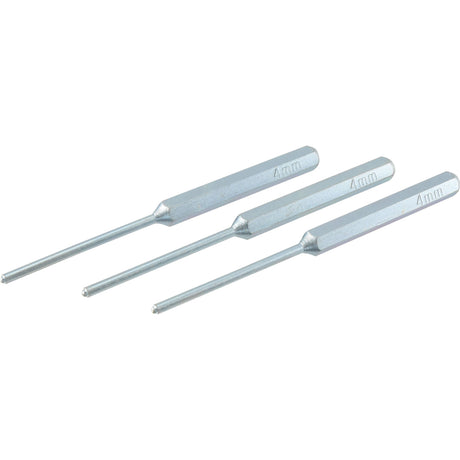 Three high-quality pin punches from the Sparex Pin Punch Set 4mm (pack of 3) - S.155525 are laid out side by side, each labeled with "4mm" on the handle. These tools feature a long shank and a 6-sided handle grip for enhanced control.