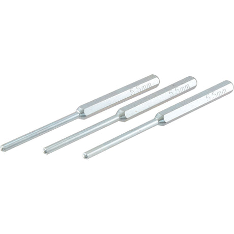 Three 5.5 mm Pin Punch Sets from Sparex, each featuring a six-sided handle grip for enhanced control and precision (Sparex Part No. S.155526), available in a pack of three.