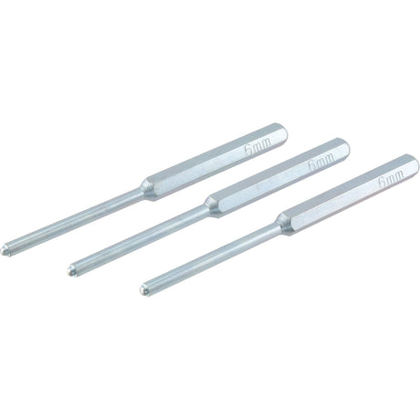 Three silver pin punches from the Sparex Pin Punch Set 6mm (pack of 3), each featuring a 6-sided handle grip for better control, are laid out parallel to each other on a white background.