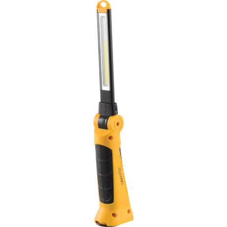 The Sparex NLA LED Rechargeable Inspection Lamp - S.155583 emits 230 lumens and features a weather-resistant yellow body with a black handle. It includes a long, narrow light strip, a magnetic base for hands-free use, and a hook at the top for hanging.