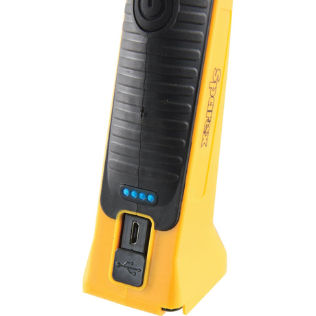 Close-up view of the LED Rechargeable Inspection Lamp, 230 Lumens - S.155583 by Sparex NLA in yellow and black, featuring a USB port and a button with an LED light. The word "Sparex" is visible on the side. The lamp also boasts a weather-resistant design for durability in various conditions.