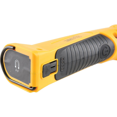 Close-up of a Sparex NLA LED Rechargeable Inspection Lamp, 230 Lumens - S.155583, featuring a yellow and black handheld design with a USB port, rubberized grip, and an LED light.