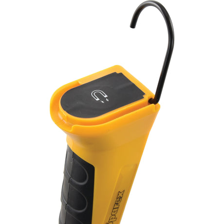 Close-up of the Sparex NLA LED Rechargeable Inspection Lamp, 230 Lumens - S.155583 in yellow and black, designed with a top hook for hanging. It features an LED light and a magnetic base for hands-free use, with a magnet symbol on the top surface indicating its magnetic functionality.