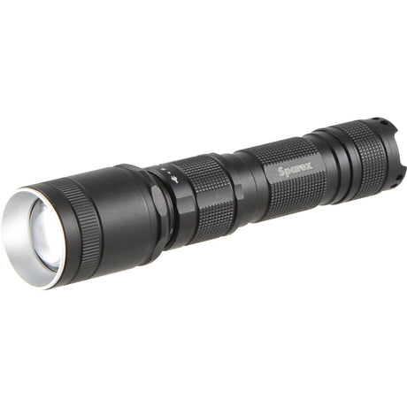 A black, tactical LED rechargeable inspection lamp with a textured grip and cylindrical body, labeled "Sparex," is shown against a white background. Boasting 600 Lumens, this IPX4 weather-resistant tool ensures reliable performance in various conditions.