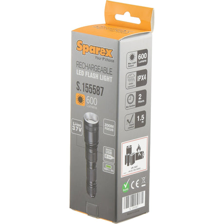 A packaged Sparex LED Rechargeable Inspection Lamp, model S.155587, featuring 600 lumens brightness, an IPX4 weather-resistant rating, a 2-hour runtime, a 200m focus range, and USB rechargeable with a 3.7V lithium battery.