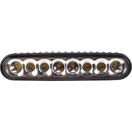 Close-up of the Sparex LED Flat Work Light Bar, 165mm, featuring seven circular LED lights. It boasts a black housing and an IP67 rating for ultimate durability, delivering 2800 lumens raw and operating within a 10-30V range.