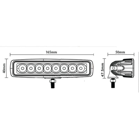 Diagram showing dimensions of the IP67-rated Sparex LED Flat Work Light Bar (165mm, 2800 Lumens Raw, 10-30V - S.155601). Front view: 165mm wide, 40mm tall, with seven circular lights. Side view: depth is 50mm, total height including mount is 47.5mm.