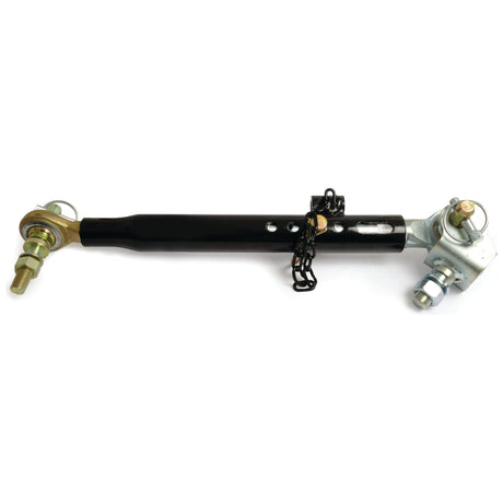 The Sparex Telescopic Bar Hole Stabiliser, RH - S.15610 is a linear hydraulic actuator with metal end fittings on both ends. It features a black cylindrical body and a small chain for securing purposes, making it suitable for Ford/New Holland models and ensuring reliable performance.