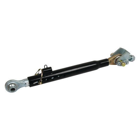 The Telescopic Bar Hole Stabiliser - S.15615 by Sparex is a black and metallic adjustable tractor top link, compatible with various ball sizes and thread types, featuring attachment points at both ends. Ideal for ensuring a secure connection, this durable component is a reliable addition to your equipment.